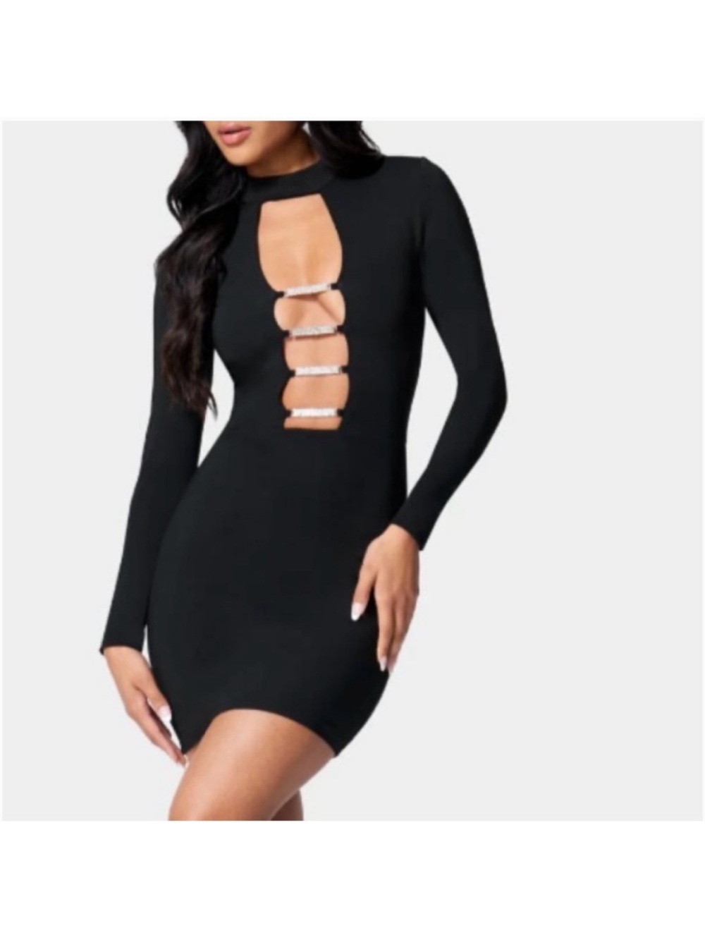 bebe Black Long-Sleeve Mini Dress with Rhinestone Cutouts